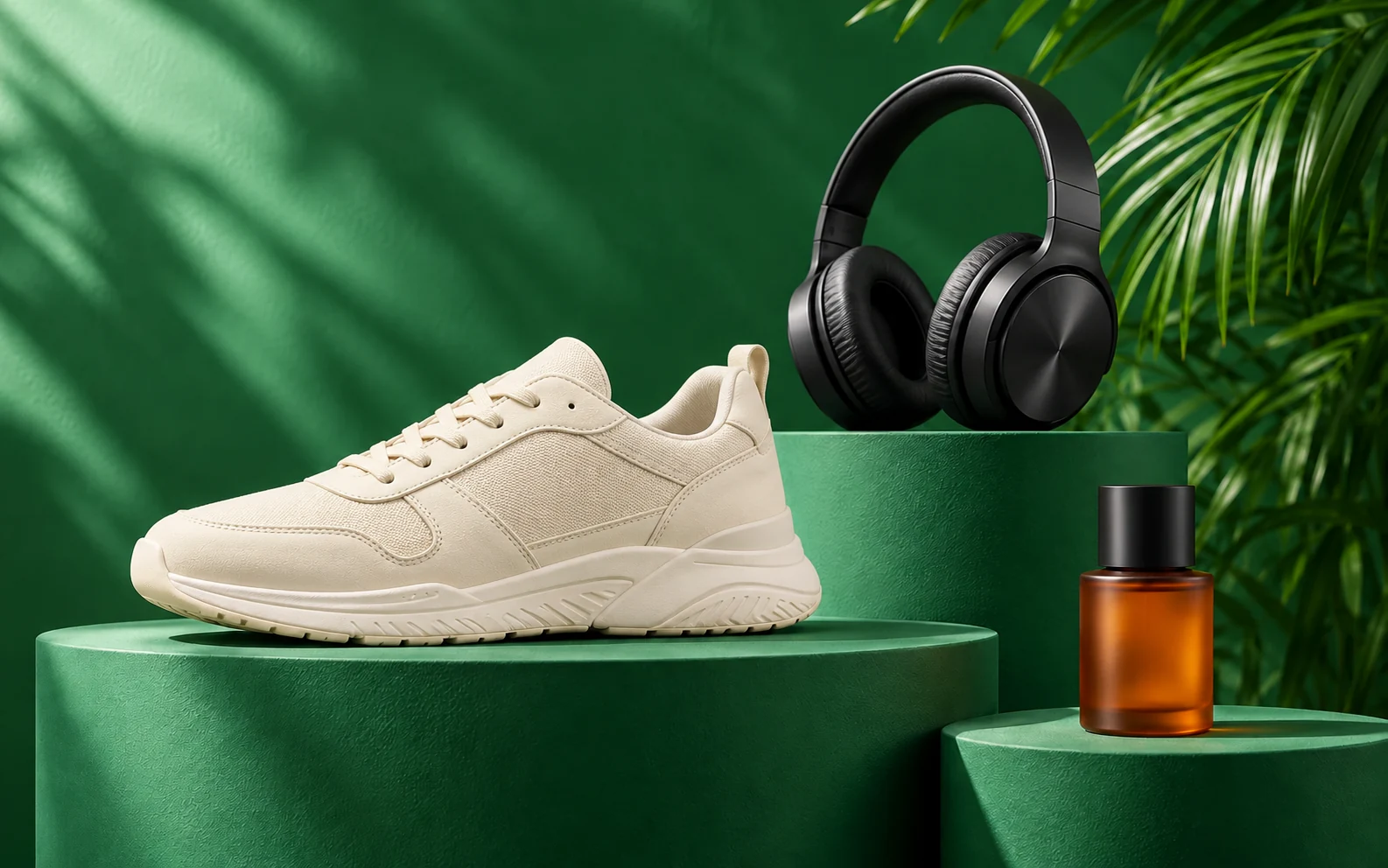 Illustrative still life of an unbranded cream trainer, headphones and an amber bottle on green display plinths